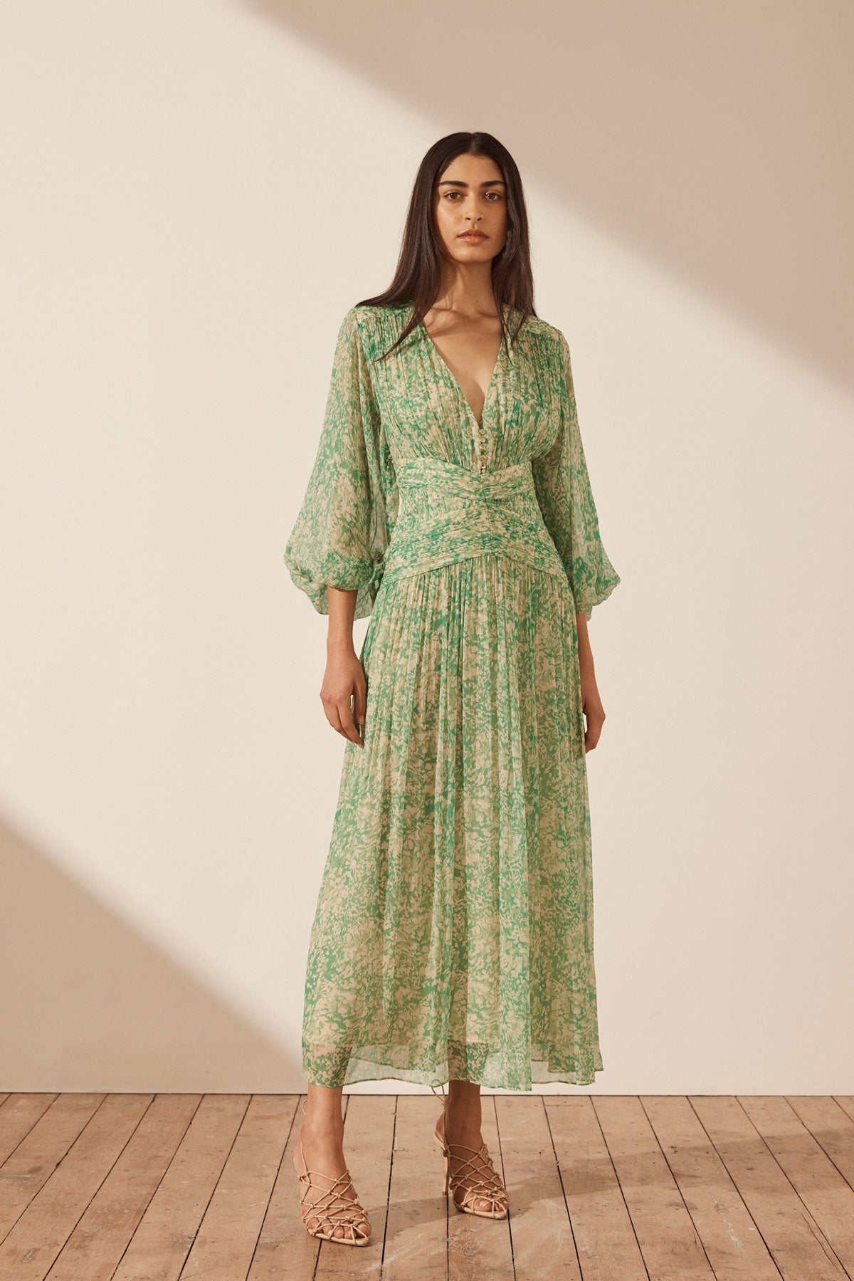 Belvedere Long Sleeve V Neck Midi Dress, Tree Green/Multi, Dresses