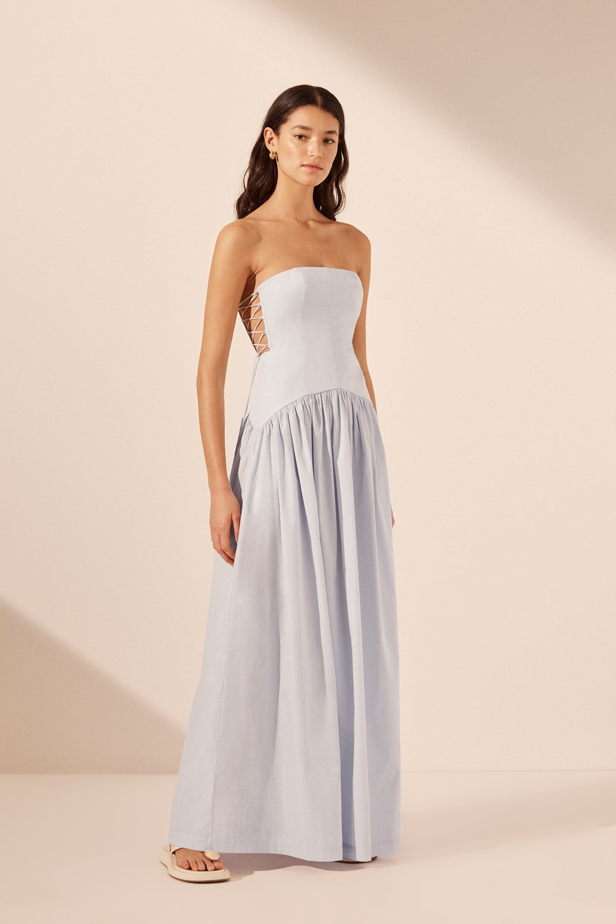 Amada Lace Up Strapless Maxi Dress | Ice Blue | Dresses | Shona Joy