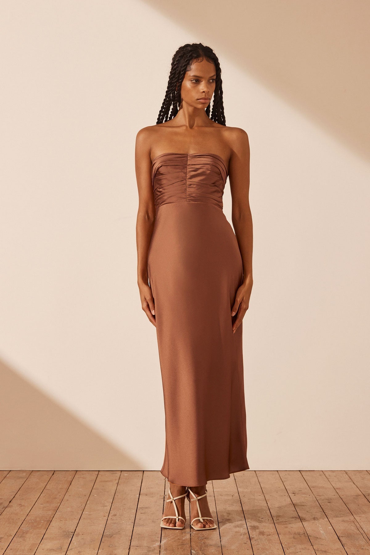 Luxe Strapless Ruched Bodice Midi Dress | Mocha | Dresses | Shona Joy