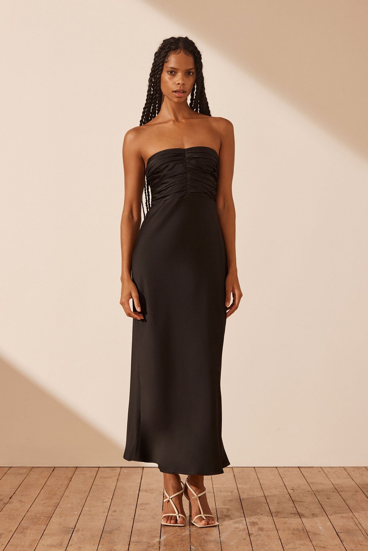 Luxe Strapless Ruched Bodice Midi Dress, Onyx, Dresses