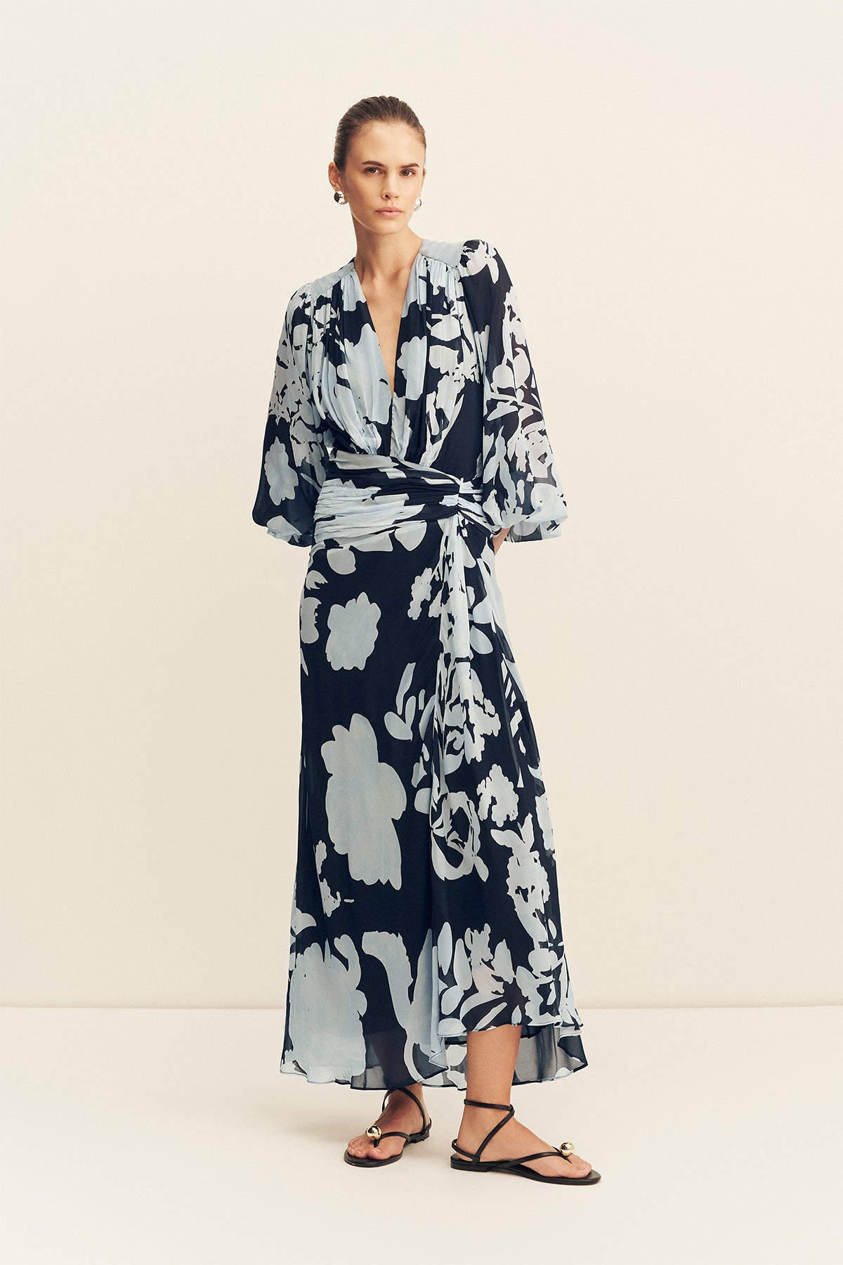 Aleyna Long Sleeve Ruched Maxi Dress | Sky/Black | Dresses | Shona