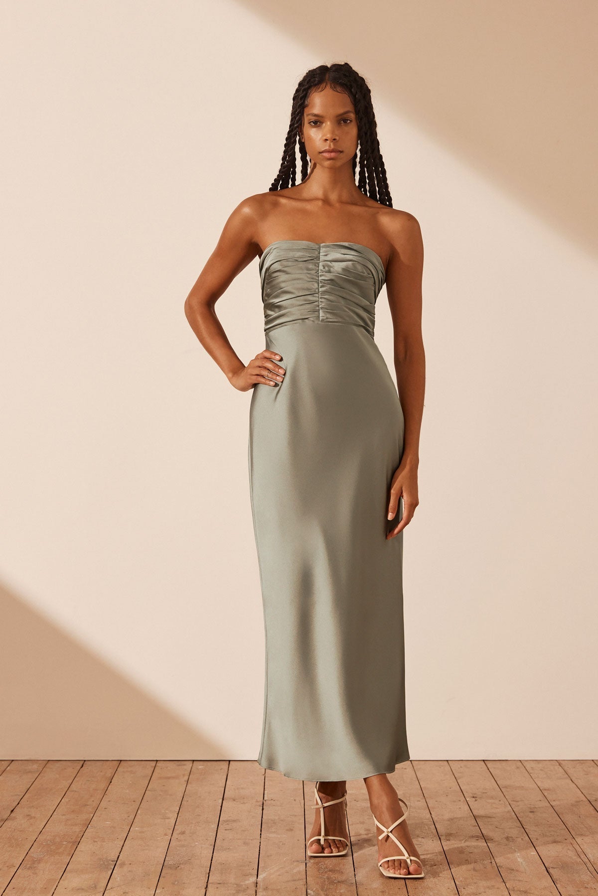 Luxe Strapless Ruched Bodice Midi Dress, Eucalyptus