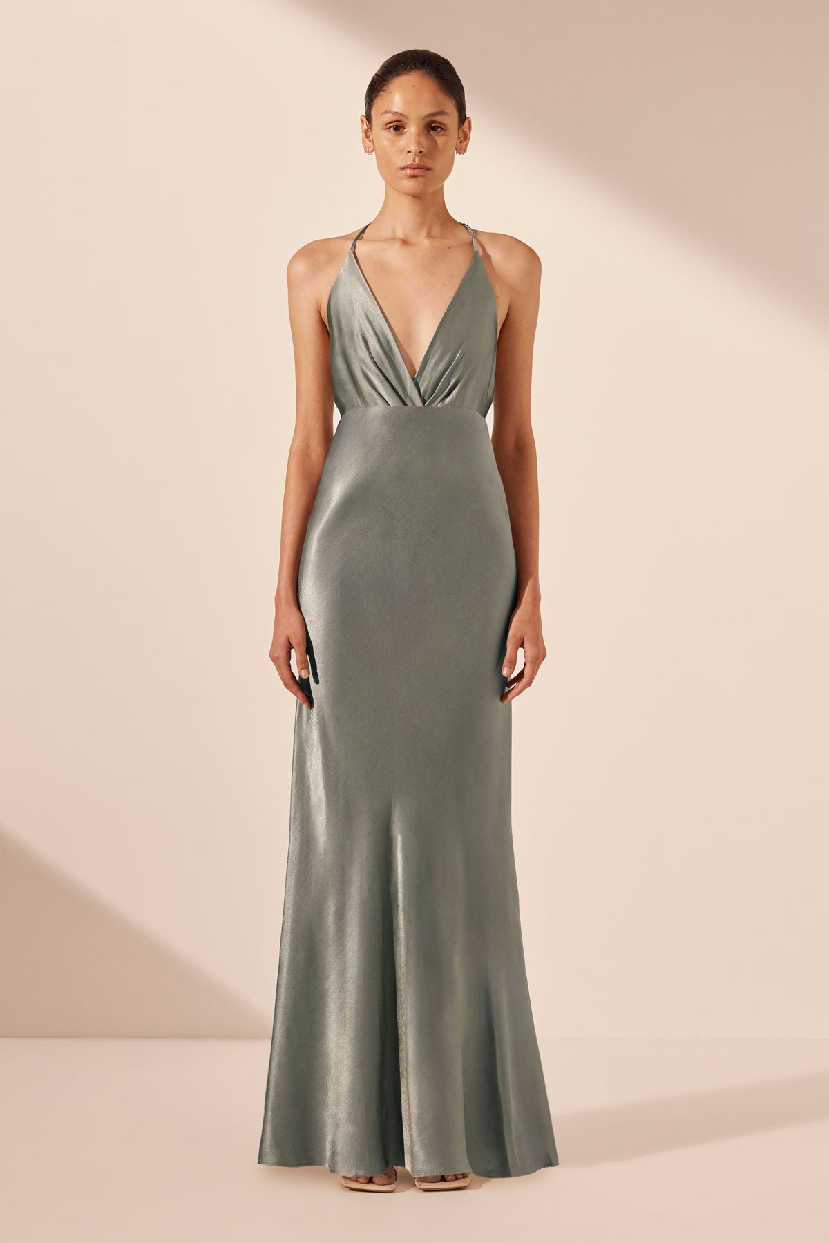 LA LUNE PLUNGED OPEN BACK HALTER MAXI DRESS | SAGE | DRESSES | SHONA