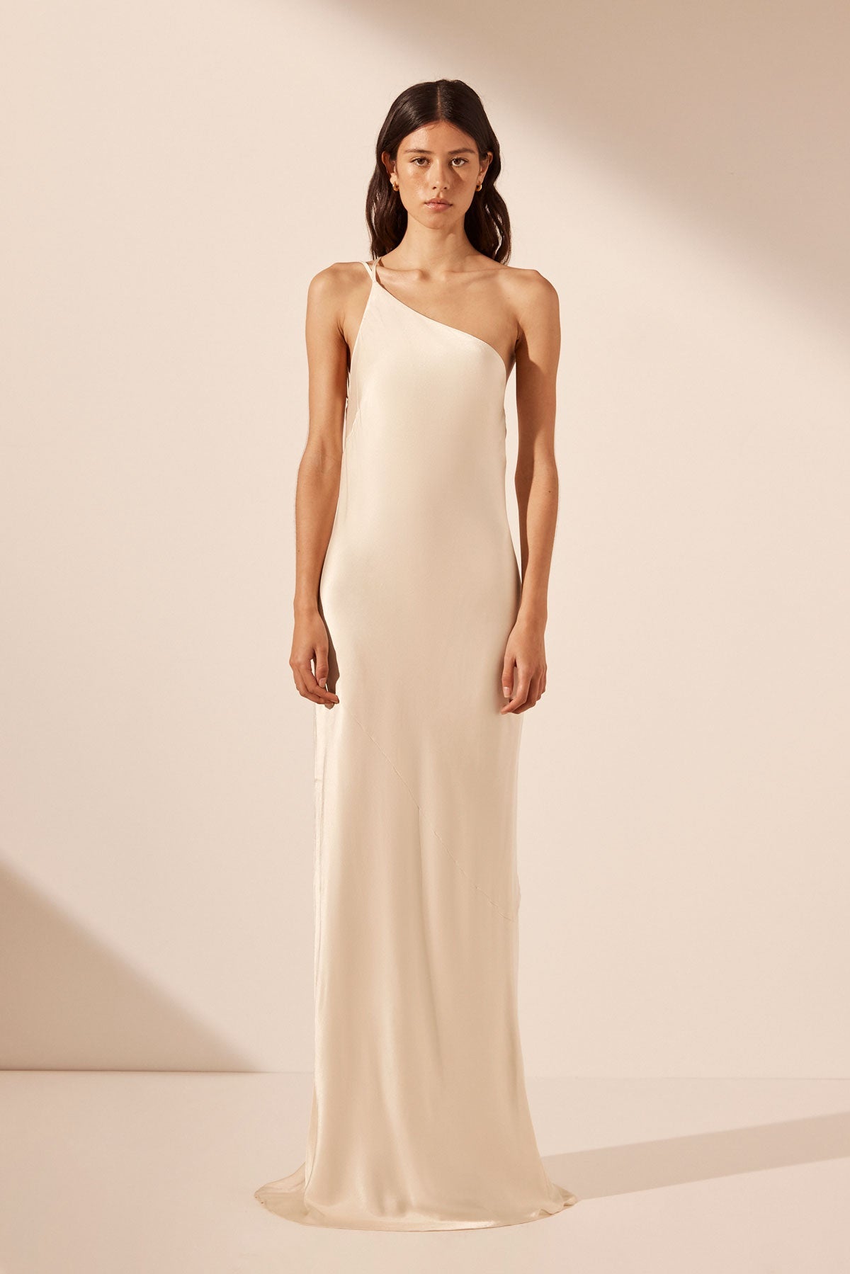 La Lune One Shoulder Cowl Back Maxi Dress Cream Dresses