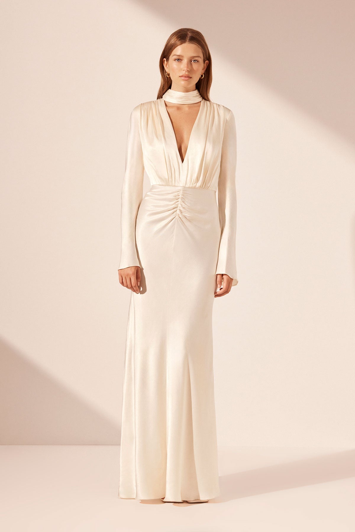 Shona Joy La Lune Plunged Long Sleeve Maxi Dress Cream