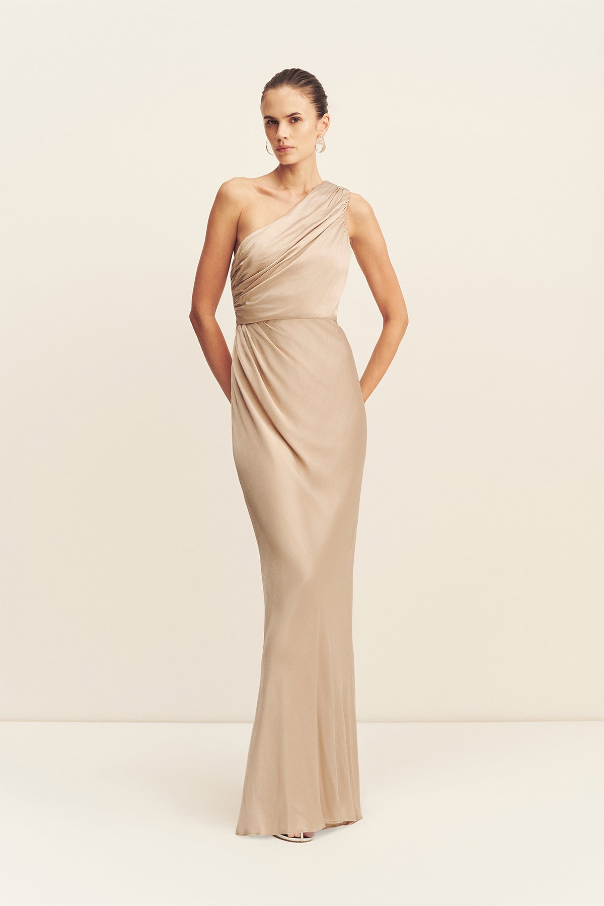 shona joy gold dress Shona Joy - La Lune Gathered One Shoulder Maxi Dress - Gold