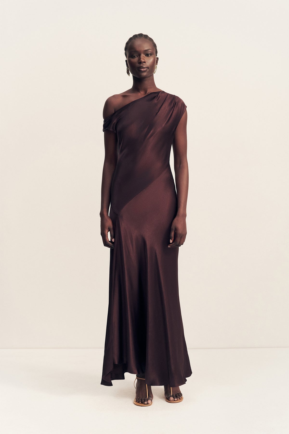 Shona Joy La Lune Asymmetrical Draped Maxi Dress in Brown