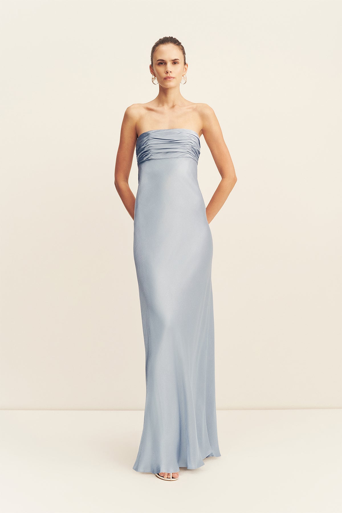 Shona Joy La Lune Strapless Ruched Bodice Maxi Dress in Slate
