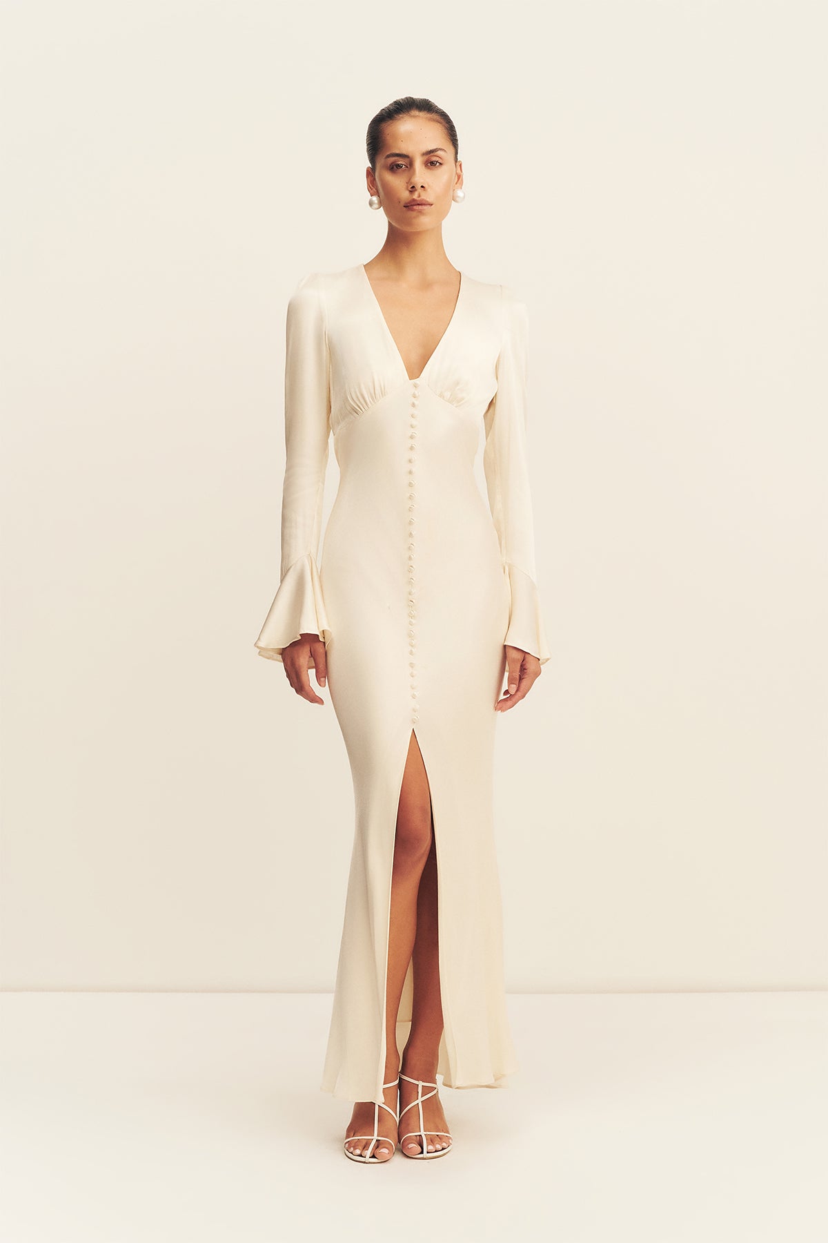 chinese dress ladies La Lune Frill Cuff Bias Midi Dress | Cream | Dresses