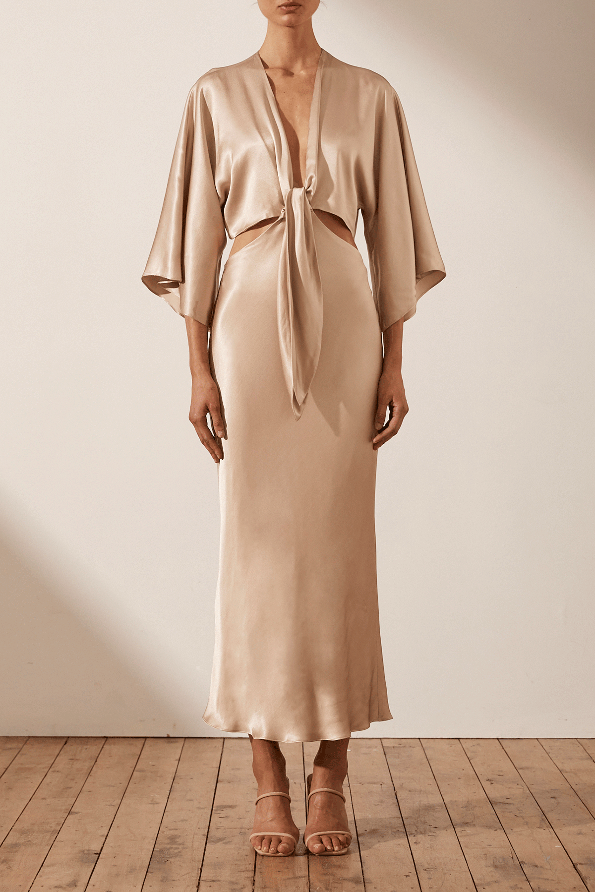 La Lune Tie Front Bias Midi Dress | Gold | Dresses | Shona Joy