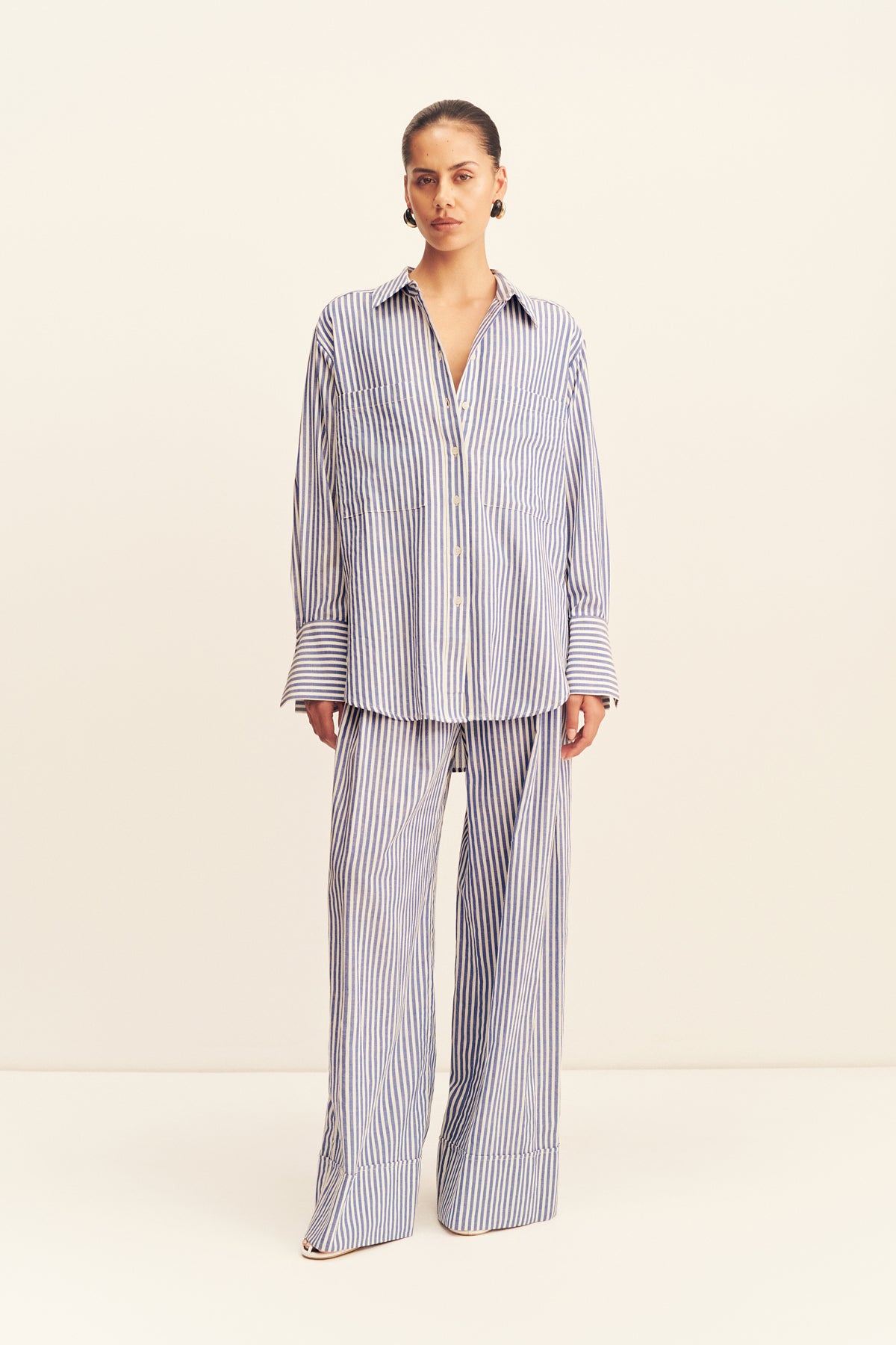 Yasmine Curved Hem Shirt | Chambray Blue/Ivory | Tops | Shona Joy