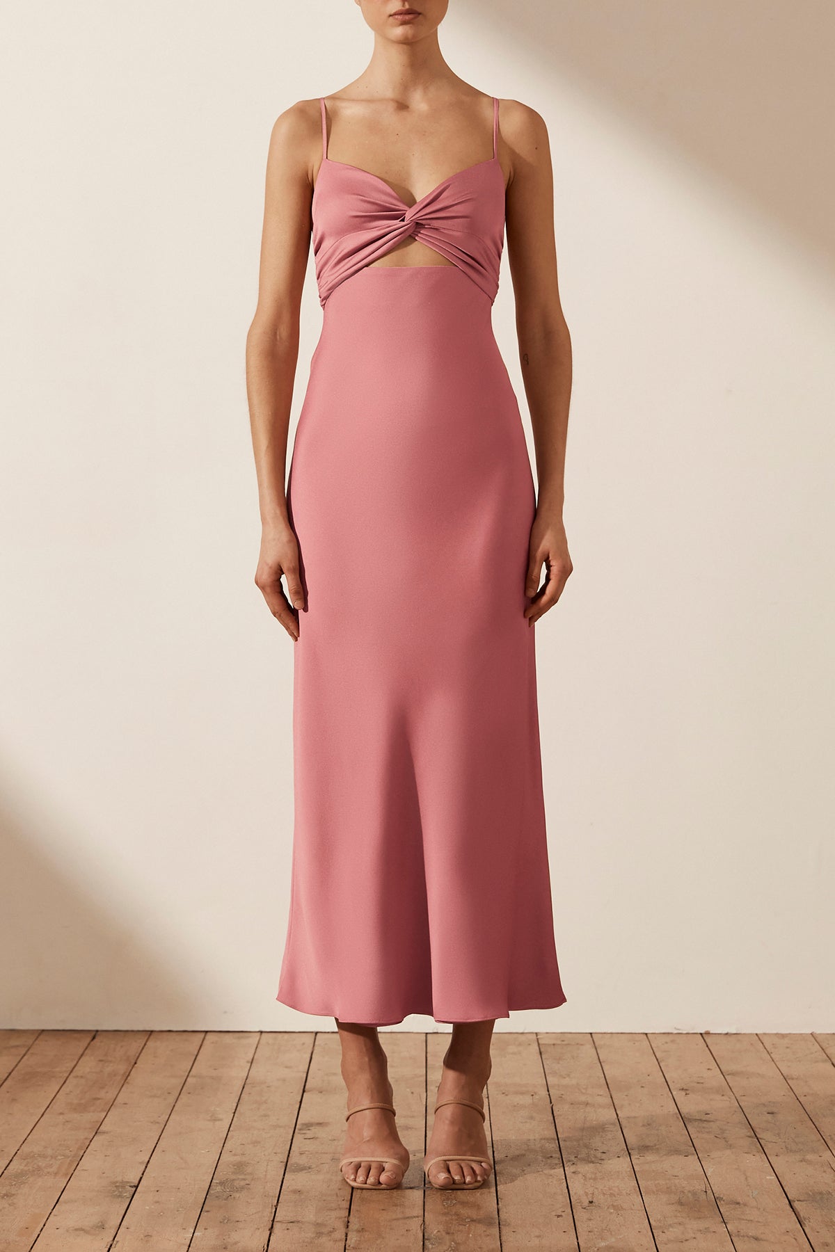 Luxe Twist Front Sleeveless Midi Dress, Rose, Dresses