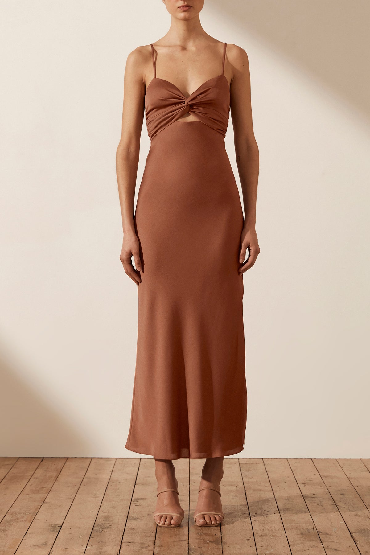 Luxe Twist Front Sleeveless Midi Dress | Mocha | Dresses | Shona Joy