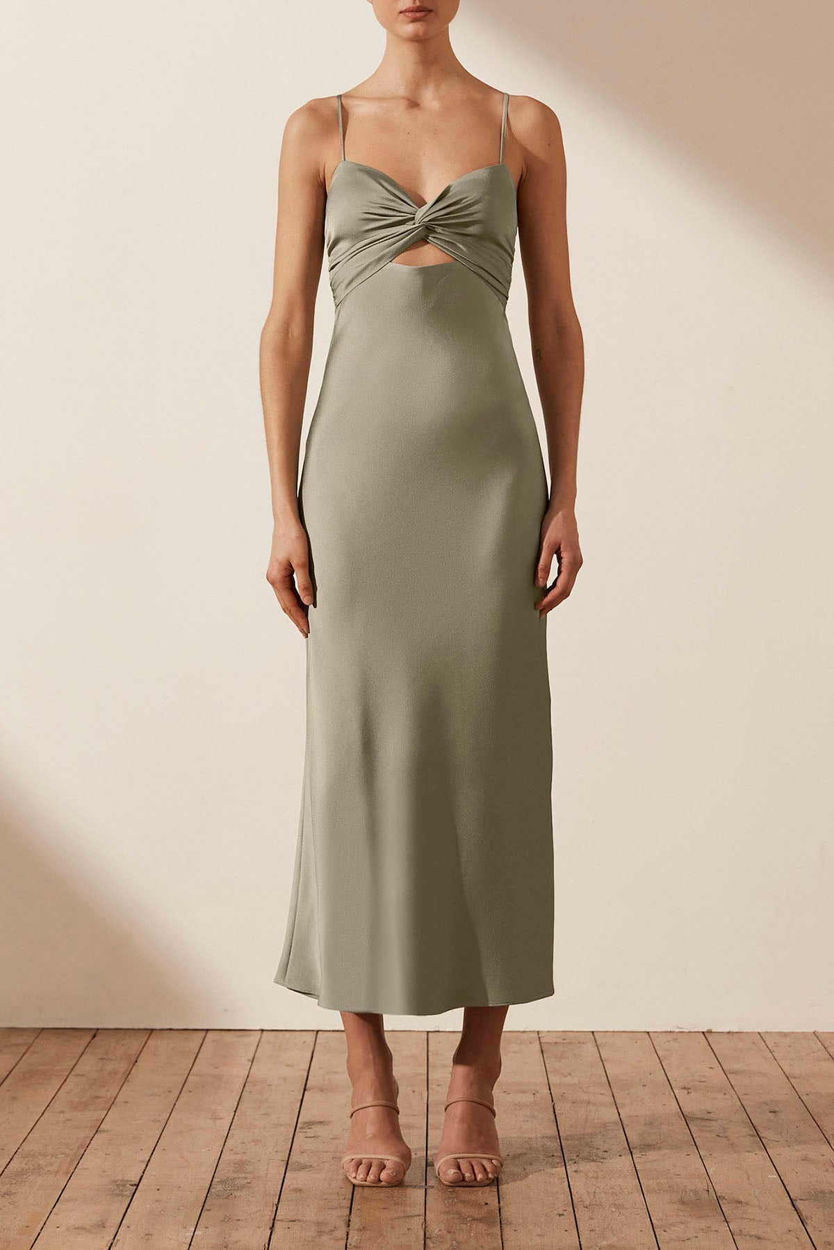 Green Satin Midi Dress - Twist-Front Dress - Strapless Slip Dress