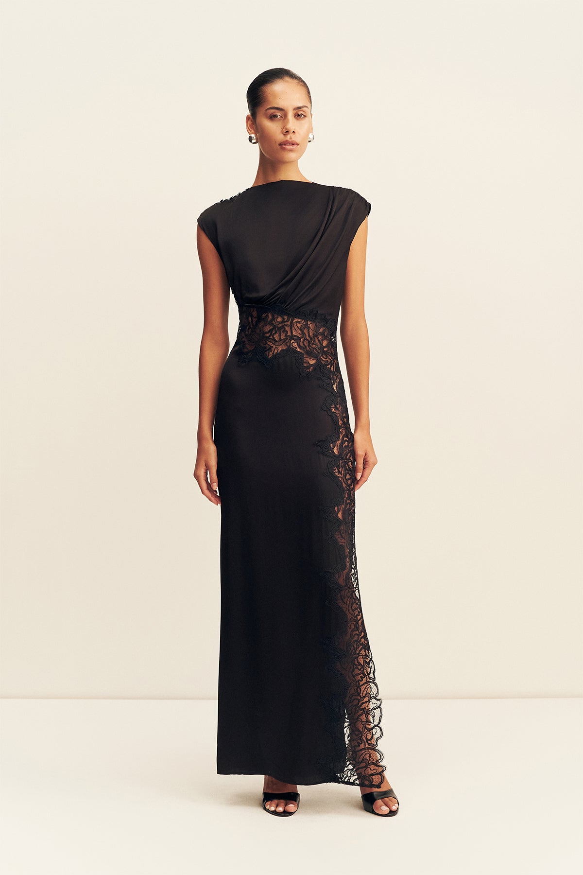 Eniko Lace Gathered Maxi Dress | Black | Dresses | Shona Joy