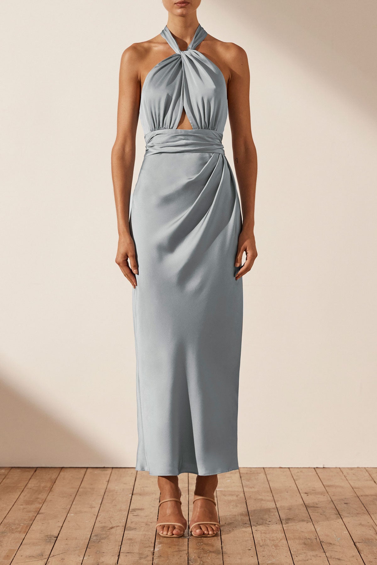 Luxe Gathered Halter Midi Dress | Azure | Dresses | Shona Joy