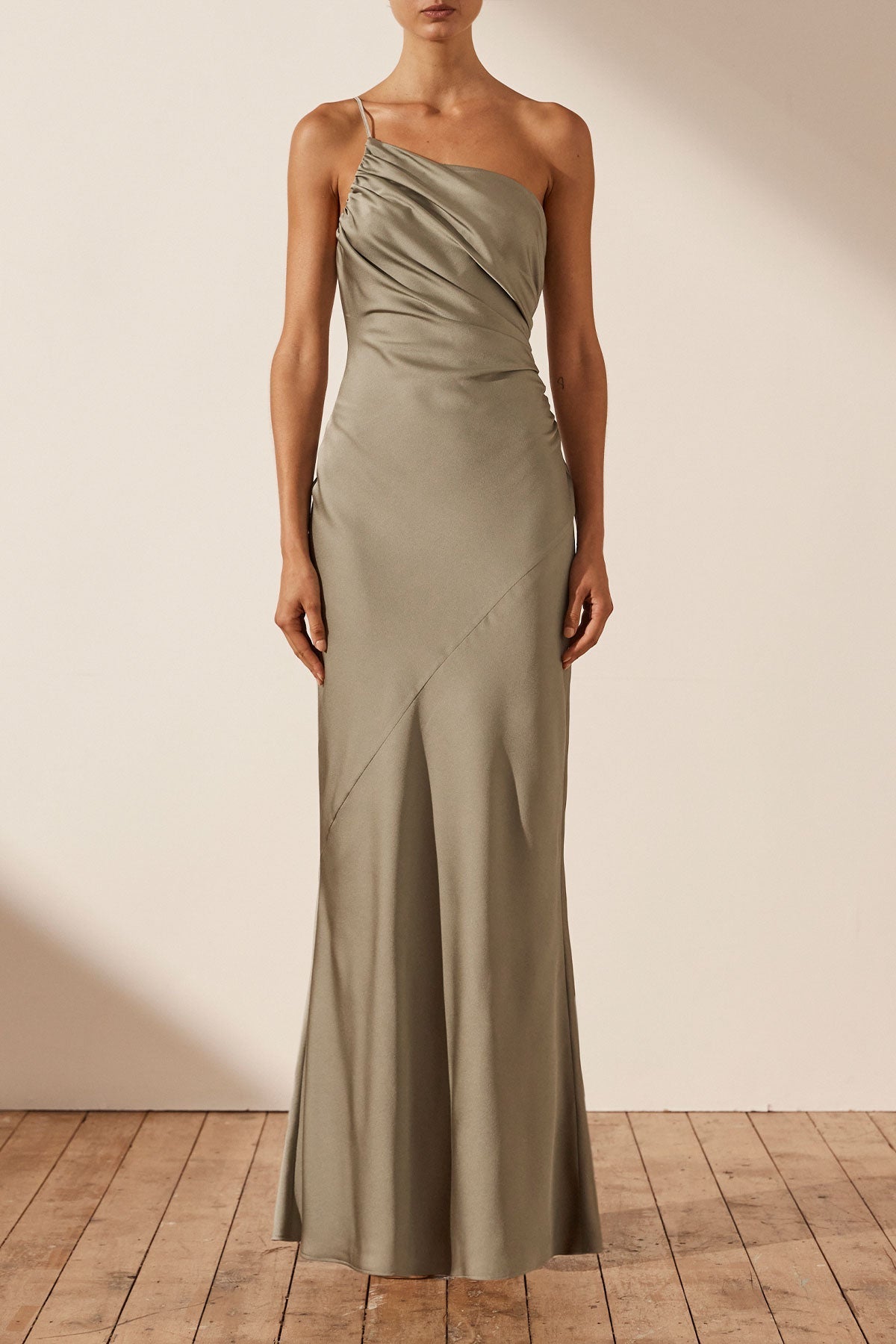 Luxe Asymmetrical Gathered Maxi Dress, Eucalyptus, Dresses