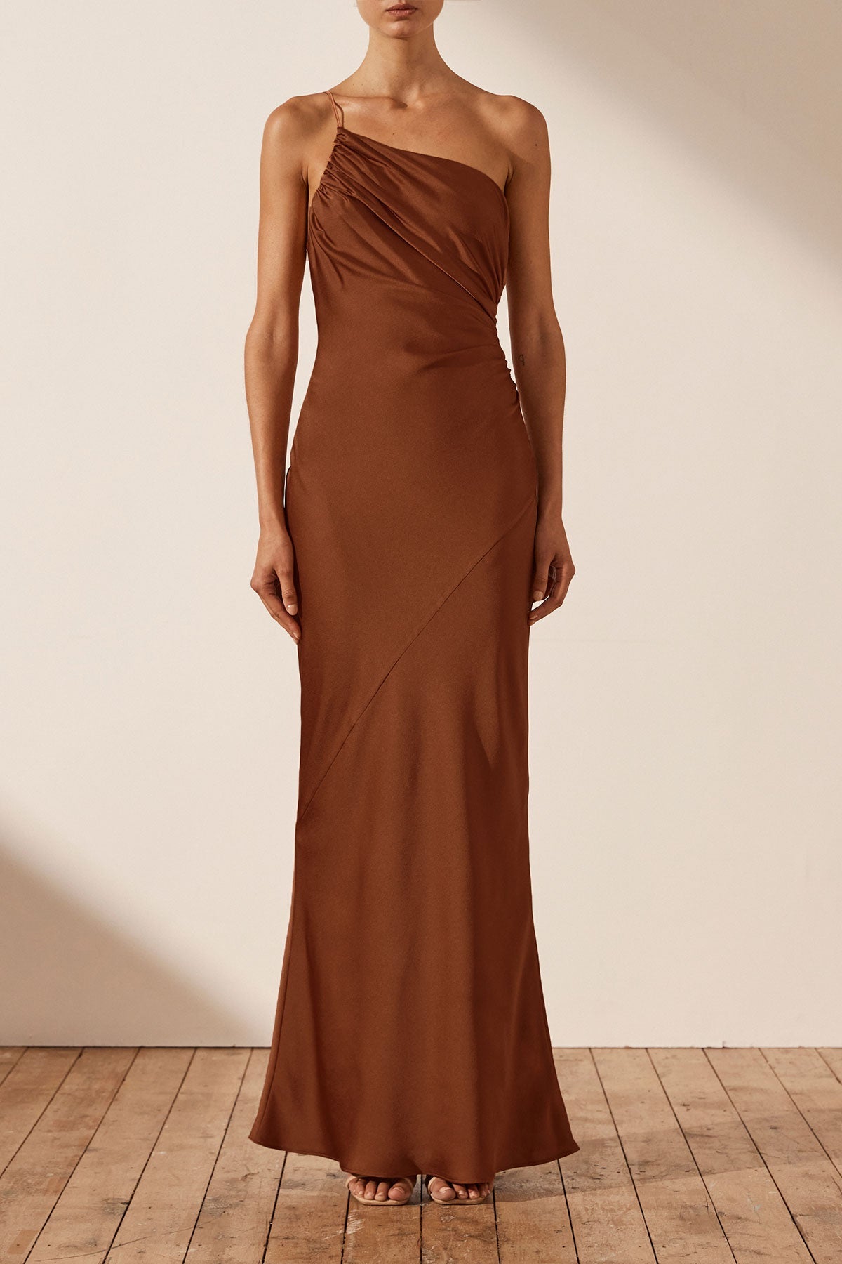 Luxe Asymmetrical Gathered Maxi Dress | Mocha | Dresses | Shona Joy