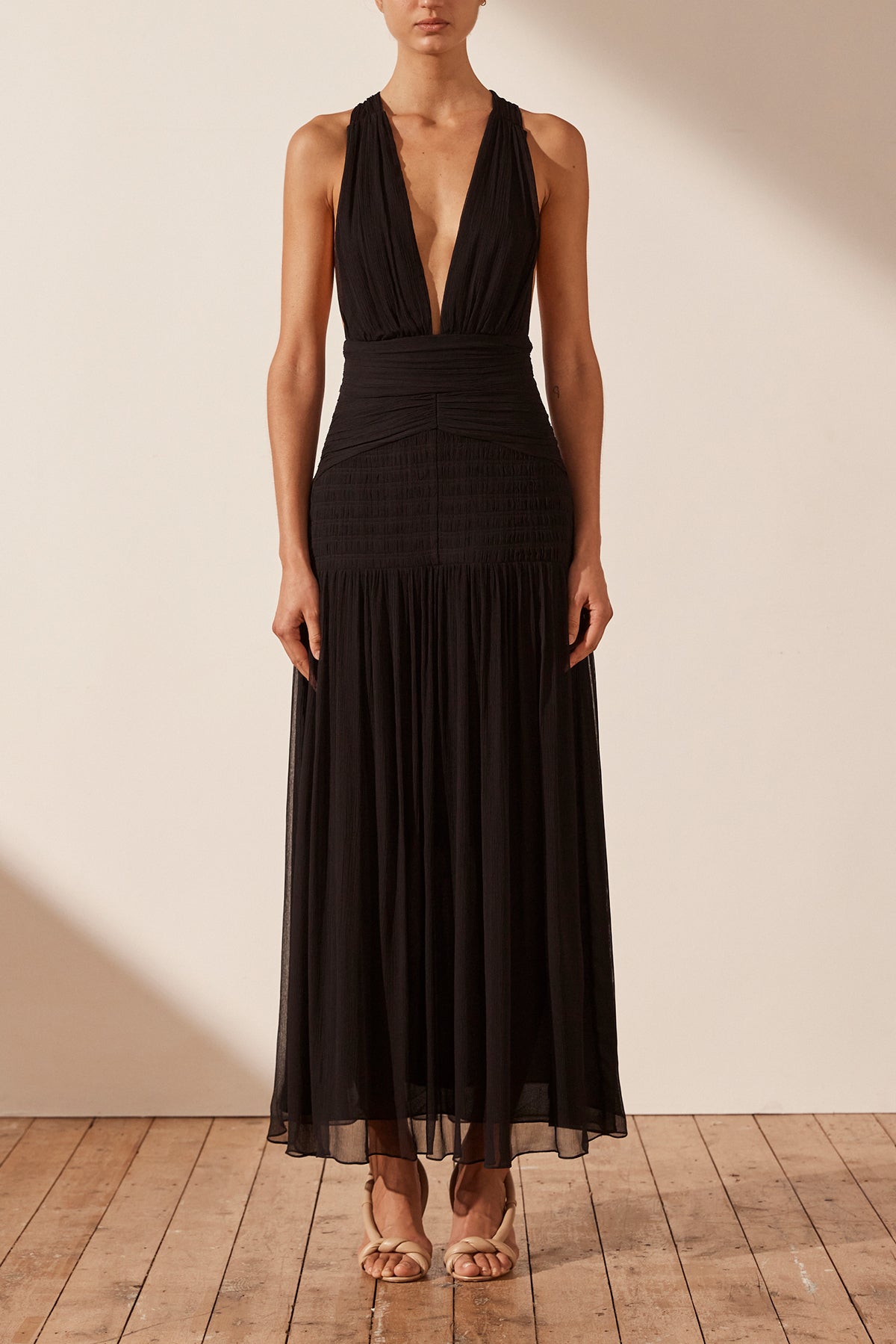 Lauren Plunged Tie Back Midi Dress | Black | Dresses | Shona Joy