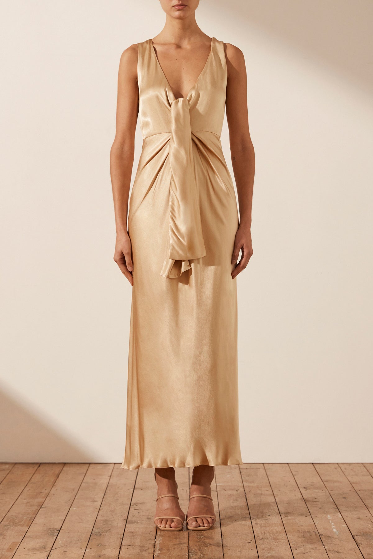 Felicity Sleeveless Plunged Tie Front Midi Dress | Porcini | Dresses |  Shona Joy