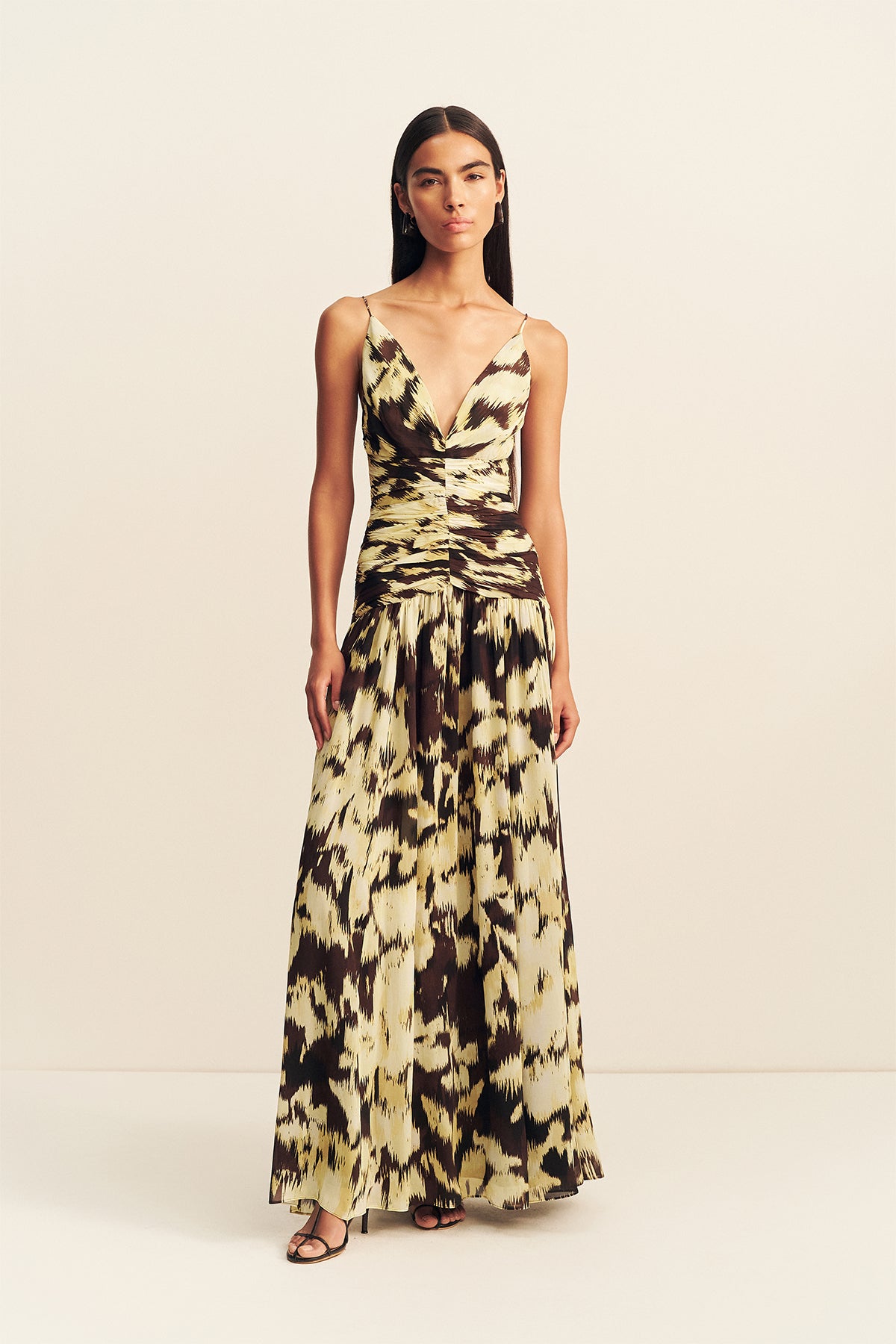 Benny Plunged Gathered Maxi Dress | Ristretto/Butter | Dresses