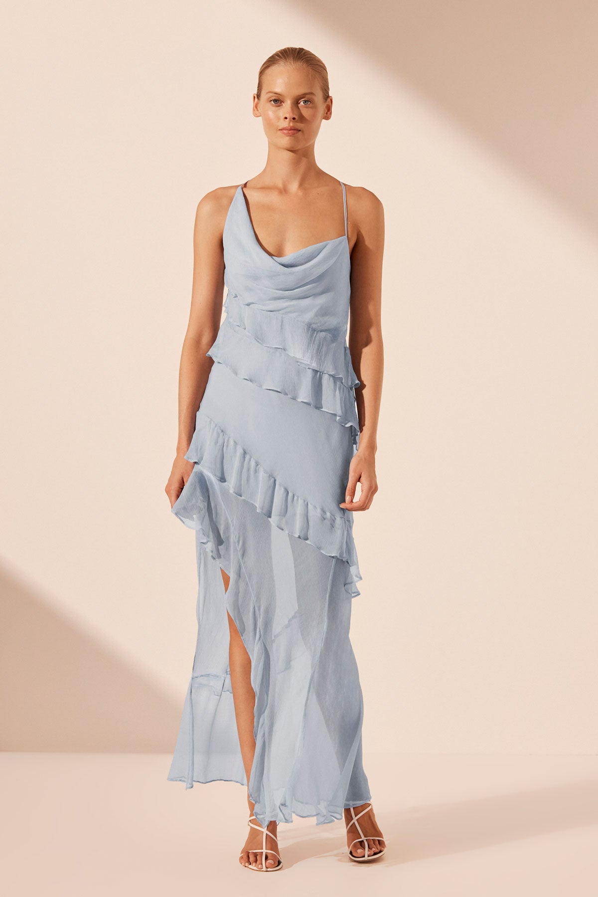 LAYLA ASYMMETRICAL RUFFLE MAXI DRESS | SKY | DRESSES | SHONA JOY