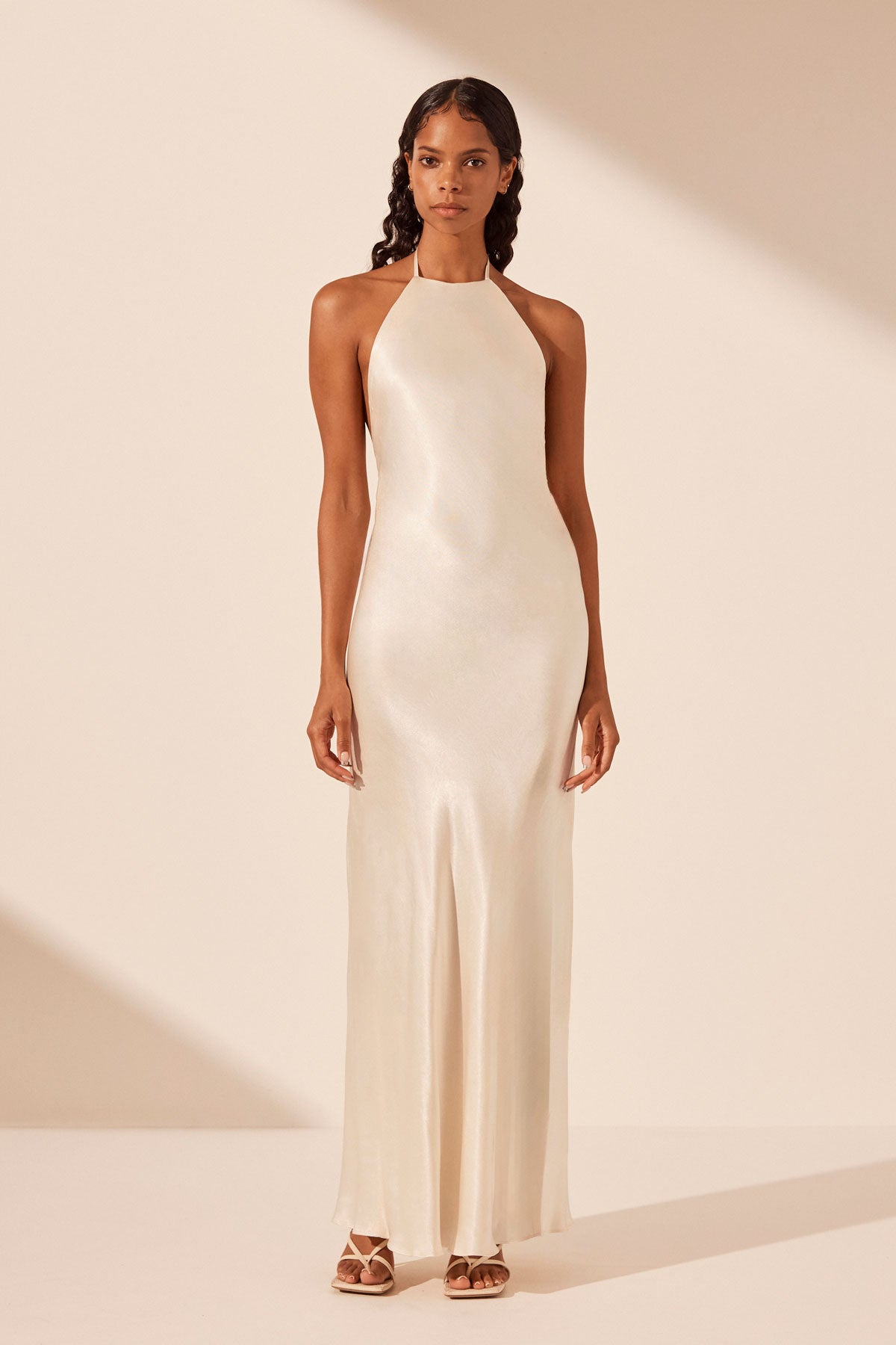 La Lune Low Back Halter Neck Midi Dress | Cream | Dresses | Shona