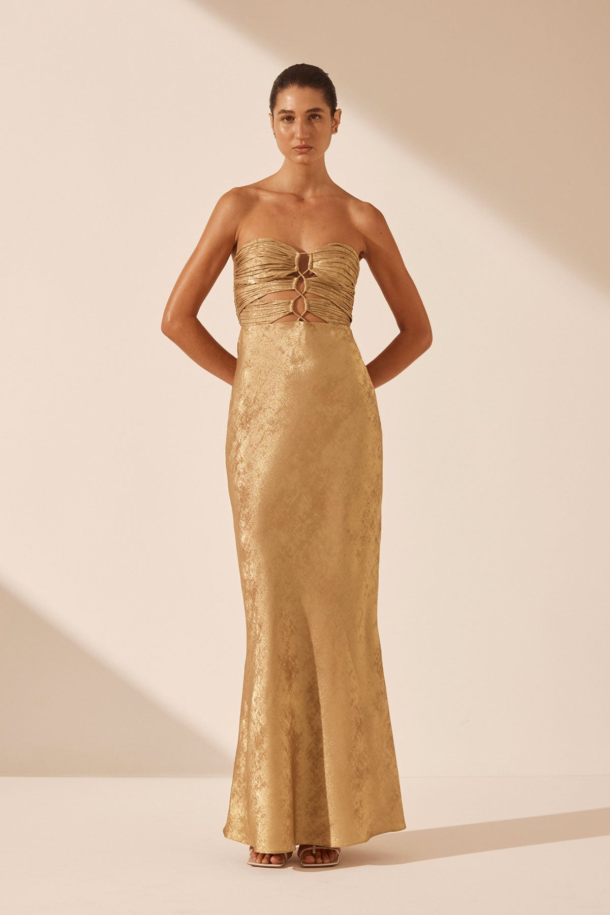Royale Strapless Lace Up Maxi Dress | Gold | Dresses | Shona Joy