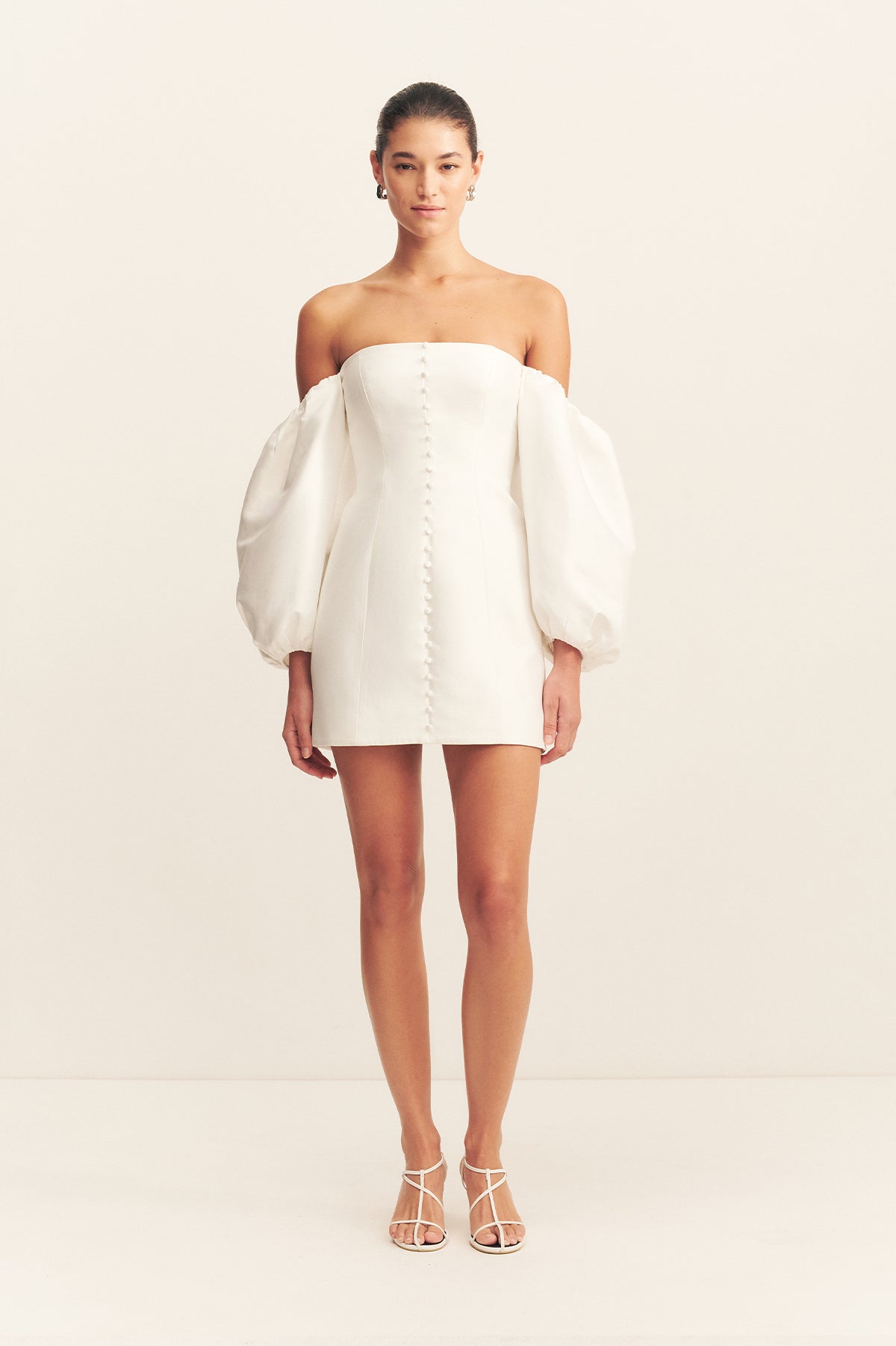 Calcite Balloon Sleeve Off Shoulder Mini Dress | Ivory | Dresses