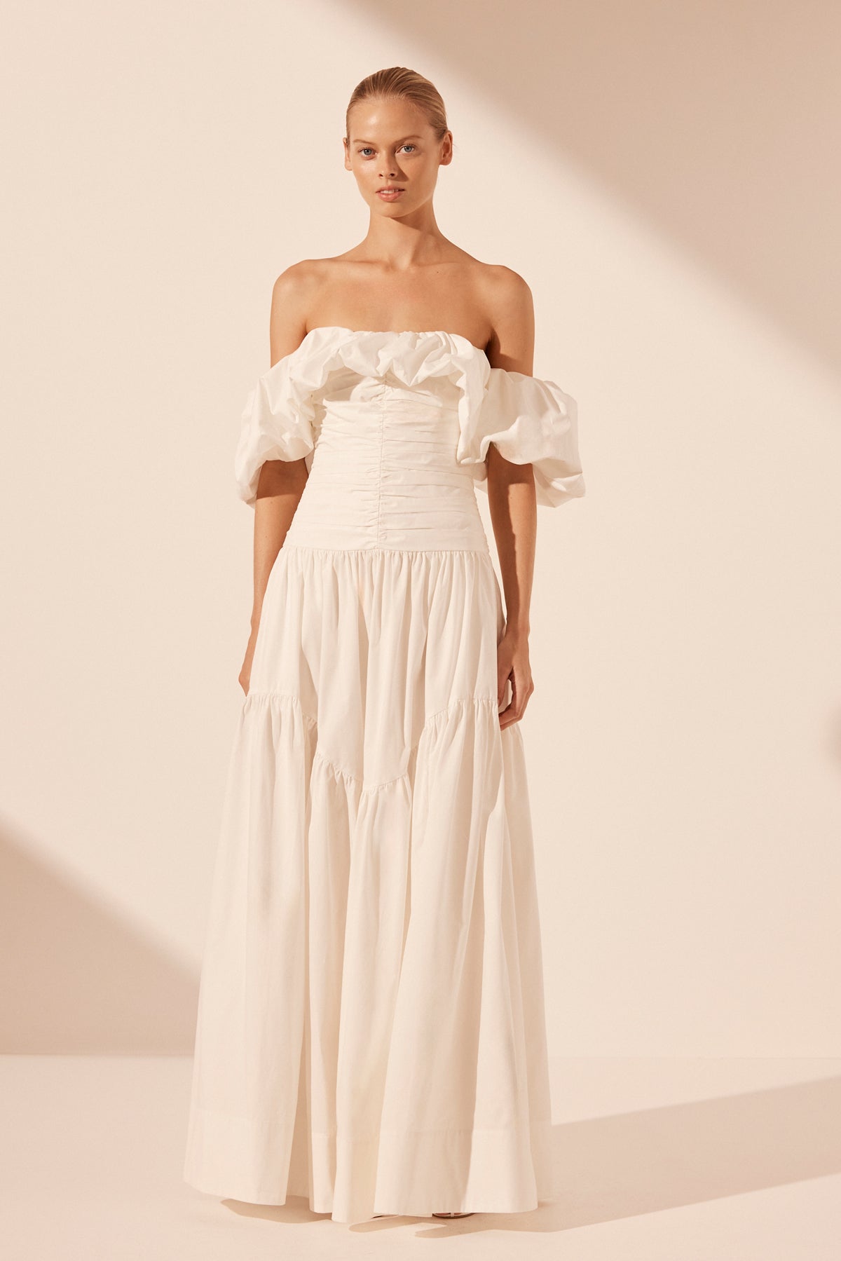 Maiori Off Shoulder Ruched Bodice Maxi Dress | Ivory