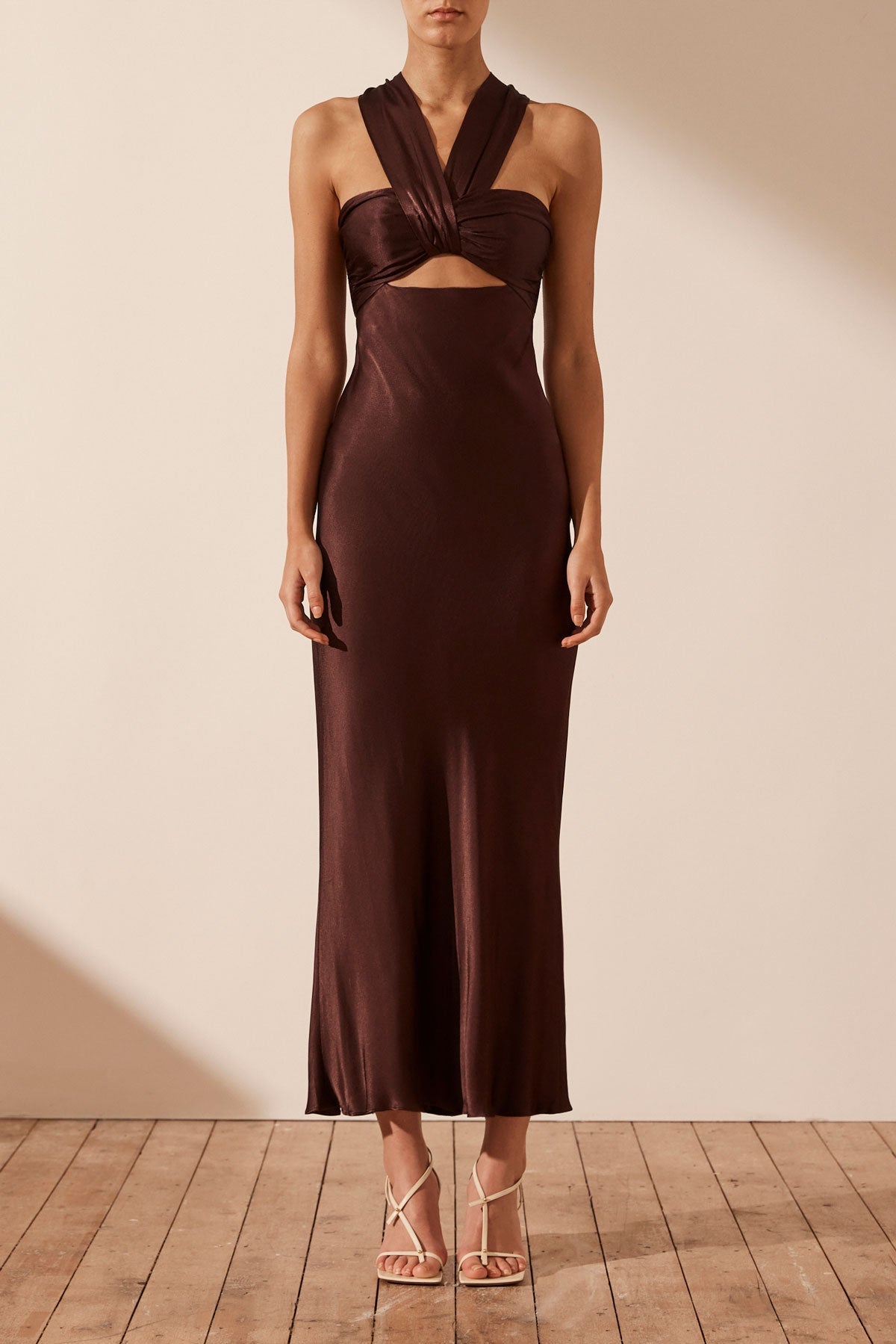 Lana Ruched Halter Midi Dress | Cocoa | Dresses | Shona Joy