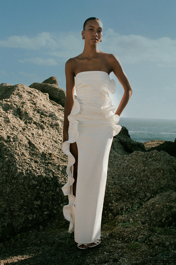 FEDERICK PLEATED RUFFLE MAXI DRESS - IVORY