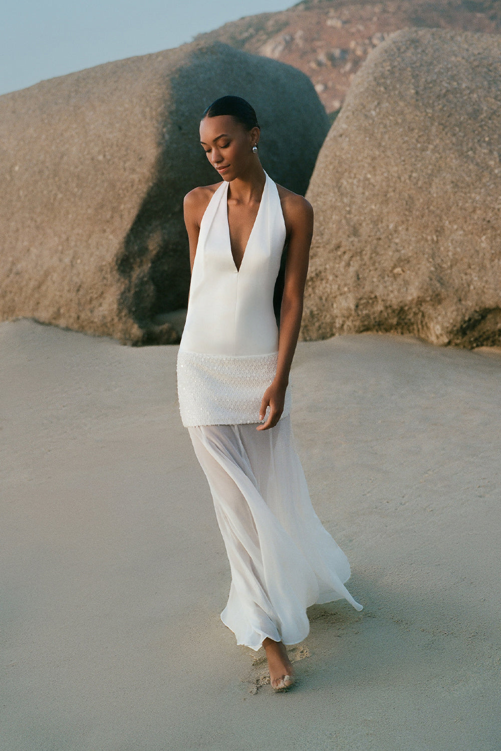 Bianca Halter Plunged Maxi Dress | Ivory | Dresses | Shona Joy