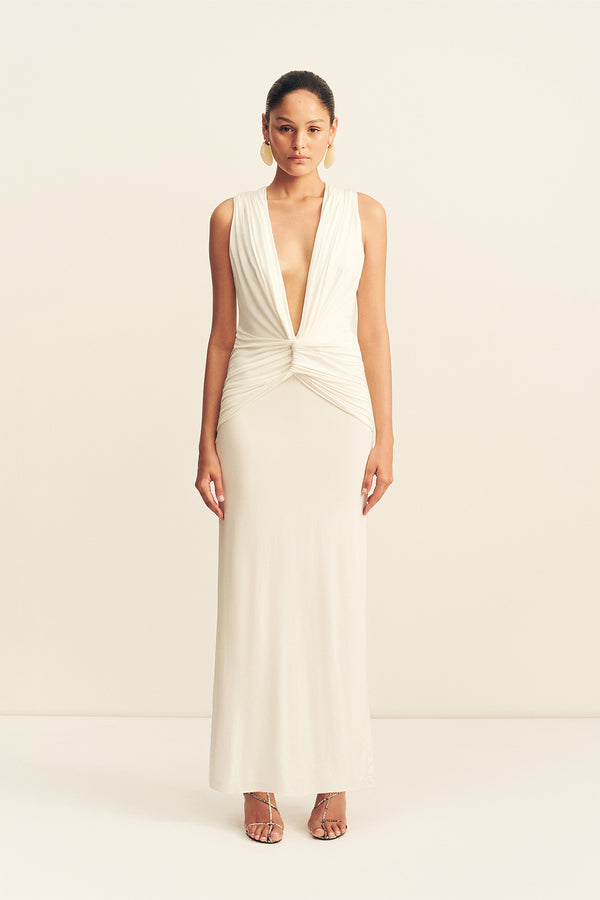 MIRO SLINKY JERSEY PLUNGED MAXI DRESS - IVORY_F