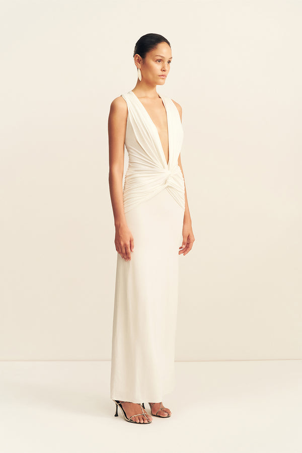 MIRO SLINKY JERSEY PLUNGED MAXI DRESS - IVORY