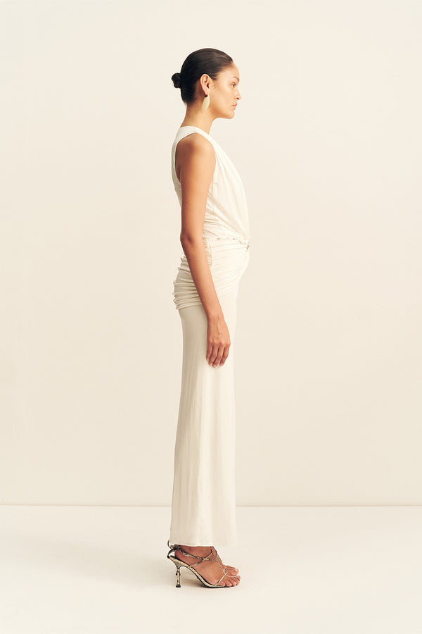 MIRO SLINKY JERSEY PLUNGED MAXI DRESS - IVORY