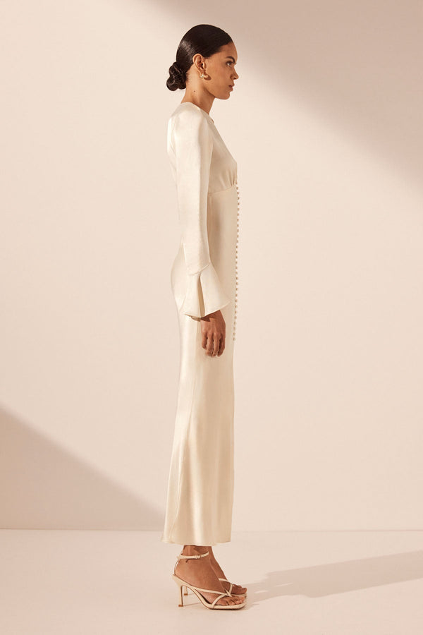 La Lune Frill Cuff Bias Midi Dress Cream Dresses Shona Joy