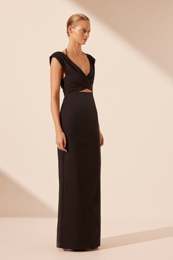 LANI CROSS FRONT RUCHED MAXI DRESS BLACK DRESSES SHONA JOY