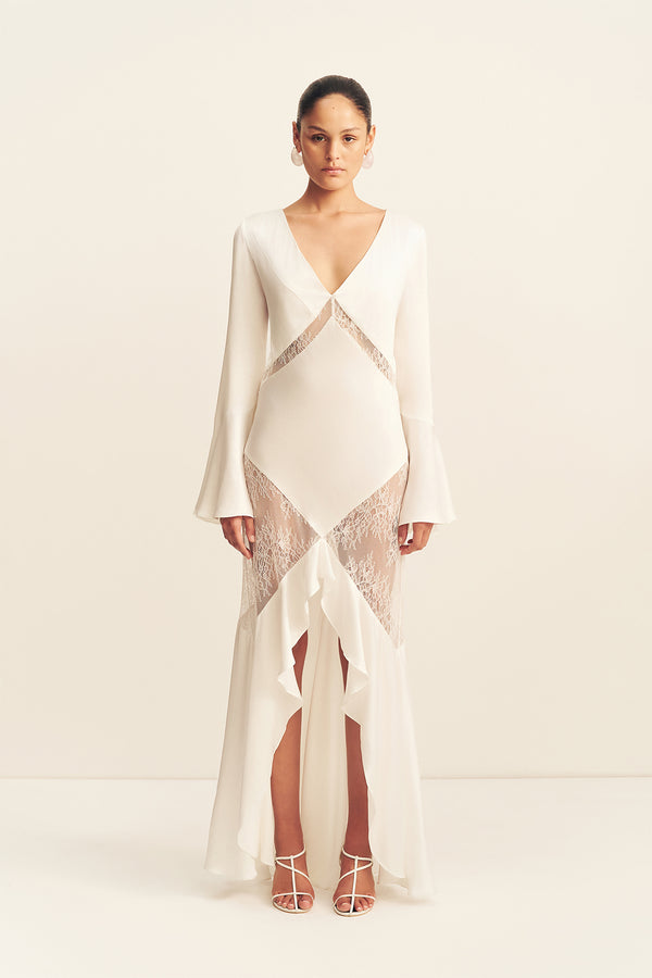 silentium maxi dress in ivory lace Shona Joy - La Lune Cumulus Silk Backless Lace Split Maxi Dress - Ivory