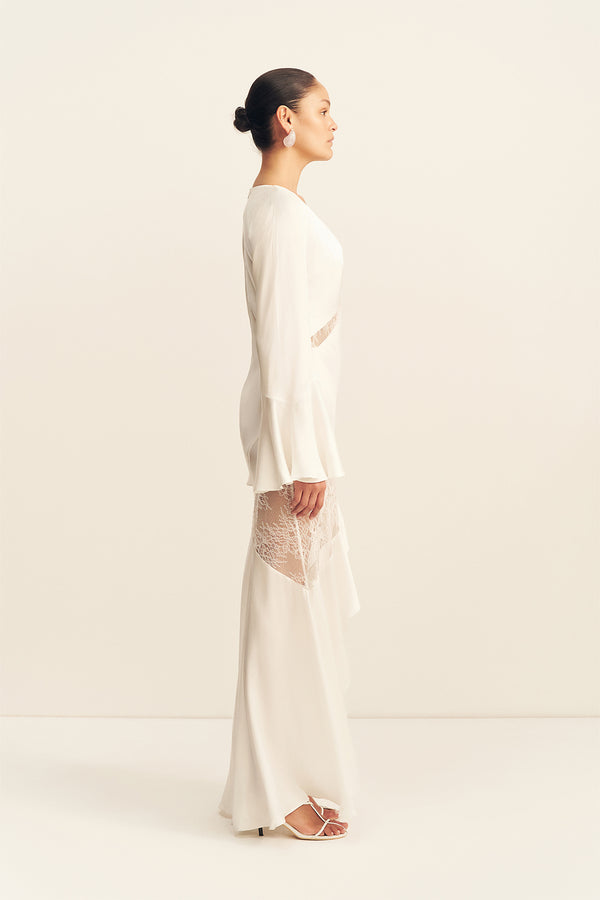 lace ivory maxi dress boohoo Women's Satin & Lace Mix Panelled Maxi Dress in Ivory