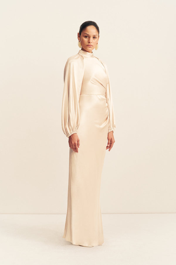 La Lune High Neck Balloon Sleeve Maxi Dress | Cream | Dresses