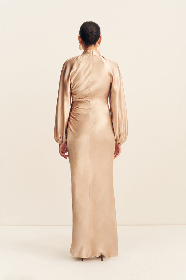 LA LUNE HIGH NECK BALLOON SLEEVE MAXI DRESS - GOLD