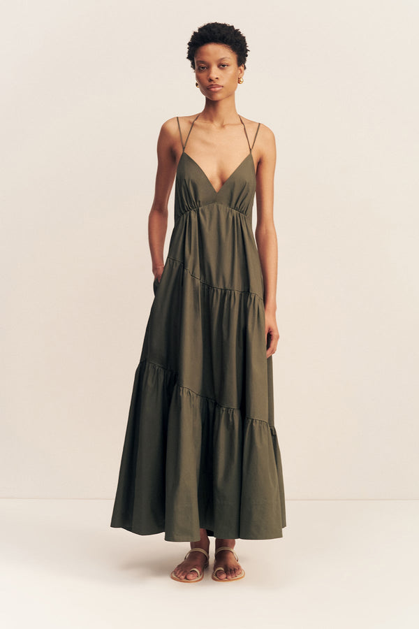 Maiori Tiered Maxi Dress Army Green Dresses Shona Joy