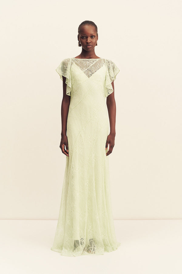 LABYRINTH SHEER LACE PANELLED MAXI DRESS - CANARY GREEN_F