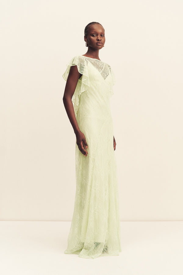 LABYRINTH SHEER LACE PANELLED MAXI DRESS - CANARY GREEN