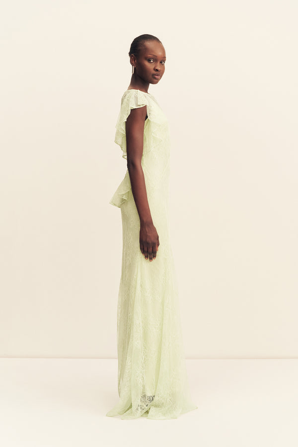 LABYRINTH SHEER LACE PANELLED MAXI DRESS - CANARY GREEN