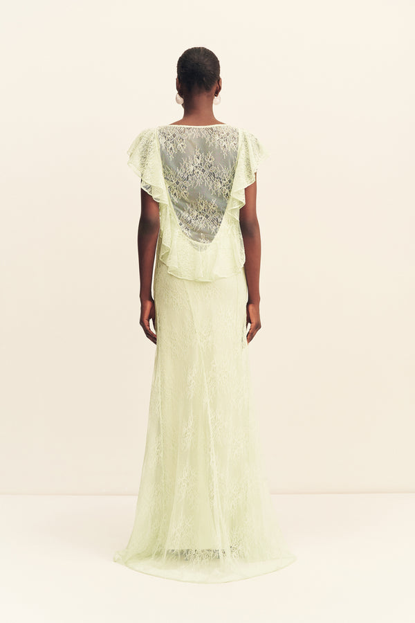 LABYRINTH SHEER LACE PANELLED MAXI DRESS - CANARY GREEN