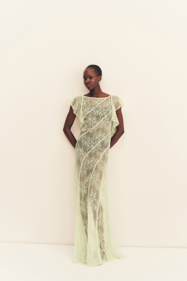 LABYRINTH SHEER LACE PANELLED MAXI DRESS - CANARY GREEN_F