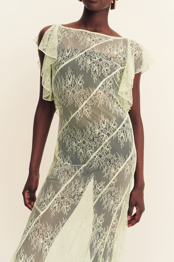 LABYRINTH SHEER LACE PANELLED MAXI DRESS - CANARY GREEN