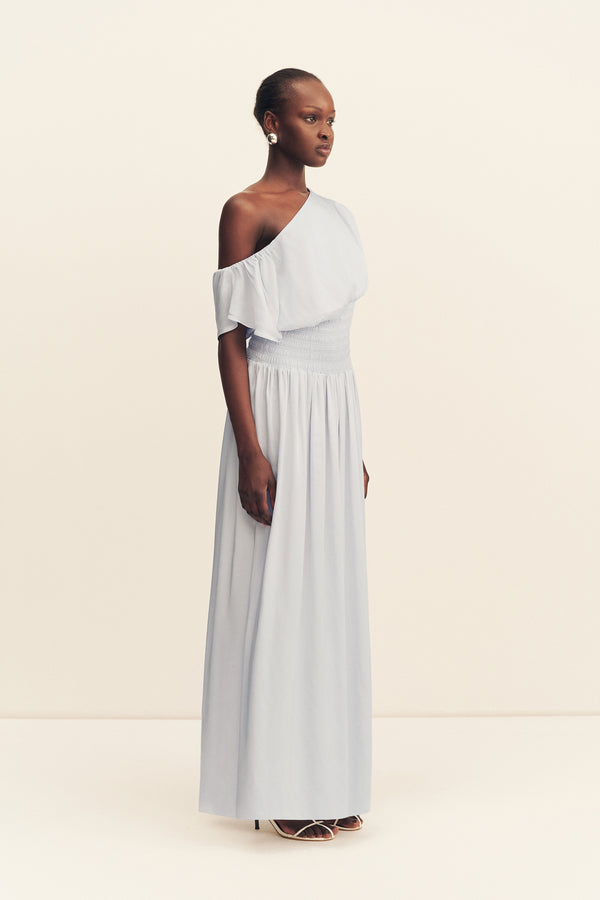 AGNES SHIRRED ASYMMETRICAL BLOUSON MAXI DRESS - SKY